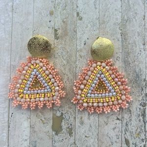 Handmade Colombian peach triangle beaded Statement Earrings - Light Weight!